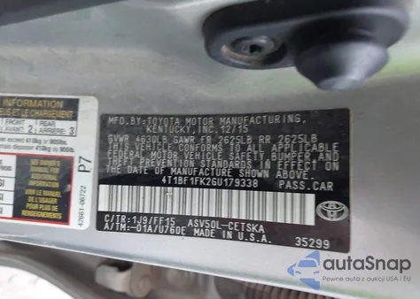 2016 Toyota Camry Se из США, поврежденный, VIN 4T1BF1FK2GU179338